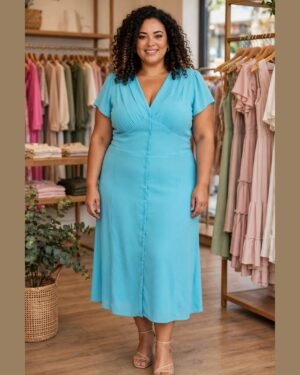 Vestido midi em crepe liso com botões na frente – 44
