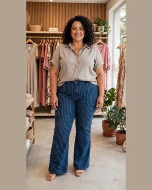 Calça jeans flare com lycra risca de giz, cós alfaiataria plus size – 46